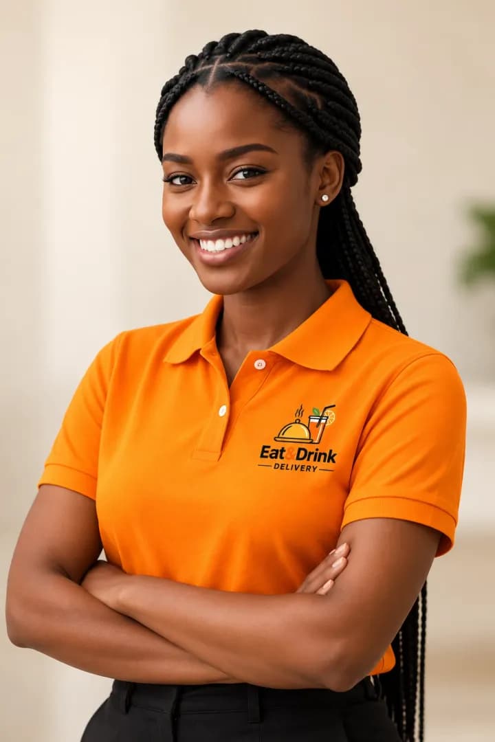 ELORA, conseillère Eat&Drink, souriante, en polo orange de la marque