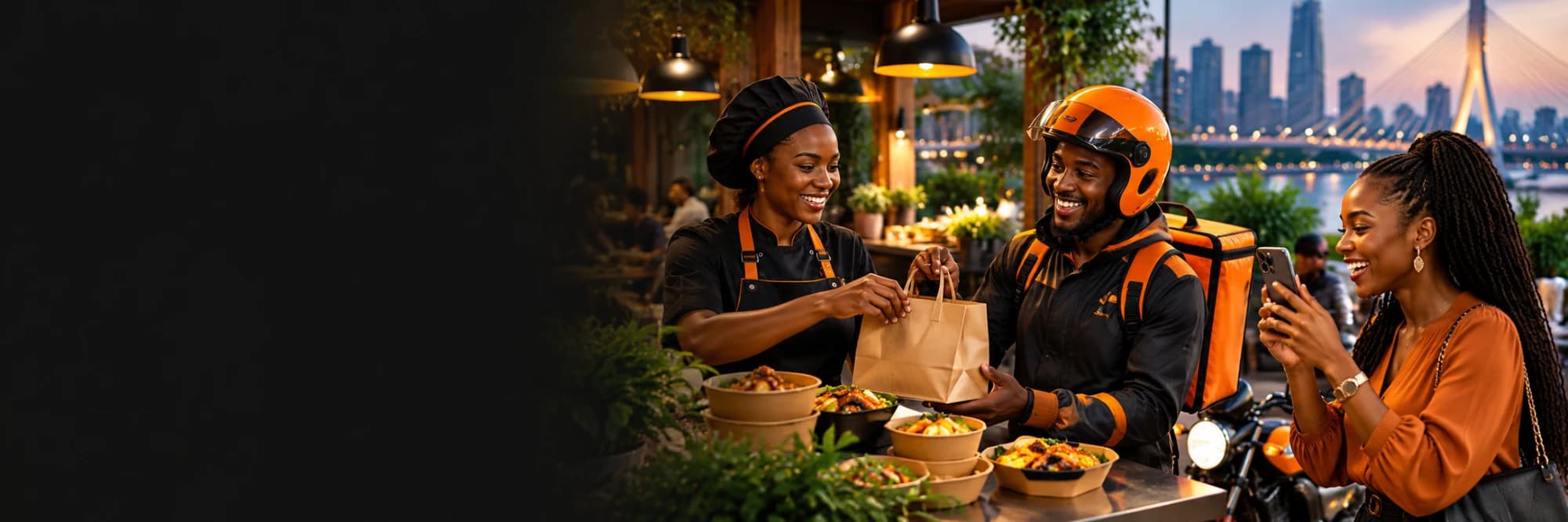 A cook hands an order to an EAT & DRINK courier while a customer follows her delivery on her phone